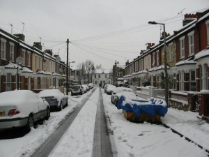 View down our street in the snow.  Note that at noon, the snow has not yet been plowed.