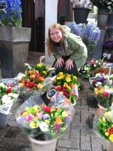 Susan delighting in a blinding bunch of blossoms.