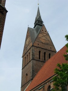 Church steeple in Hannover.  Note the inverted pentacle and Star of David.