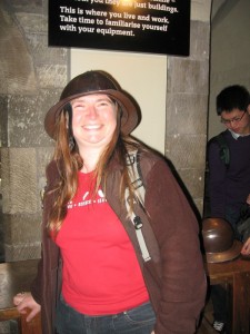 Susan with more armor -- this time, thirteenth century foot-soldier's helmet