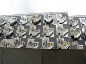 View of office windows in the Scottish Parliament building
