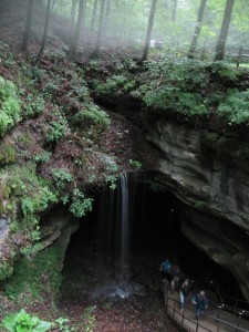 A view of the "natural" entrance to the cave, rediscovered by Euro-descended settlers c 1791.  We were particularly captivated by the layer of mist hanging, ethereal, above the cave.